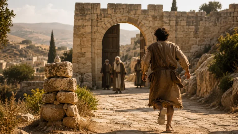Man approaching an ancient city gate where elders wait, representing the Old Testament cities of refuge.