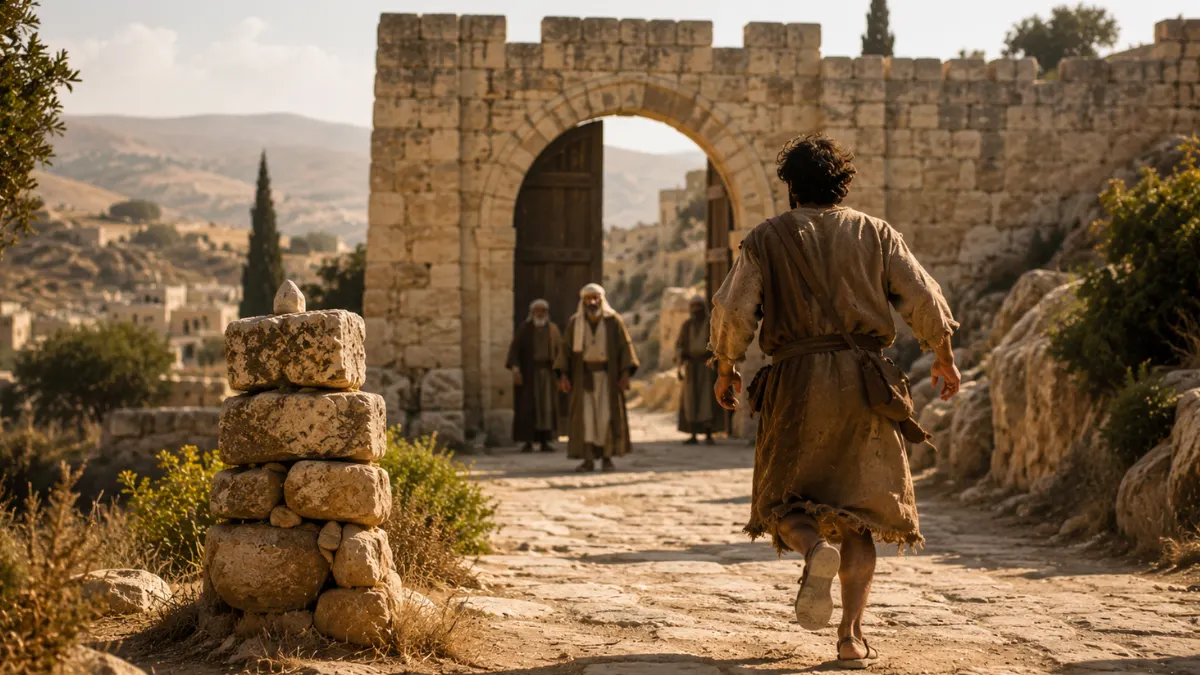 Man approaching an ancient city gate where elders wait, representing the Old Testament cities of refuge.