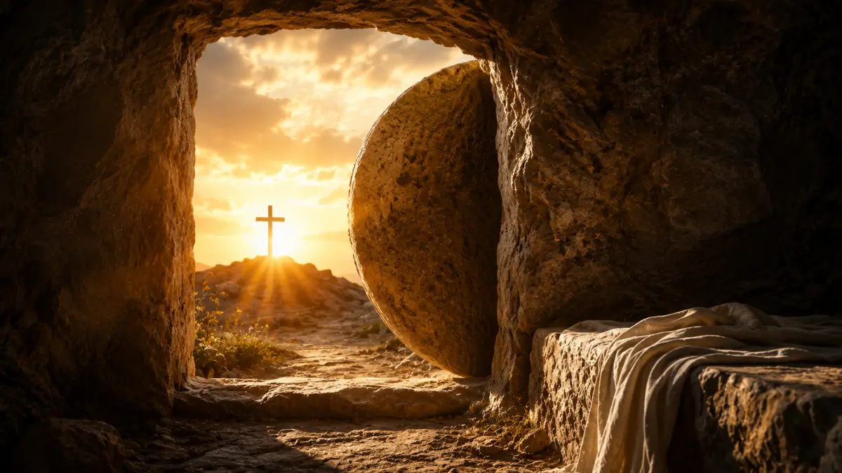 Empty stone tomb at sunrise with a distant cross, symbolizing Christ’s resurrection and death being swallowed up in victory.