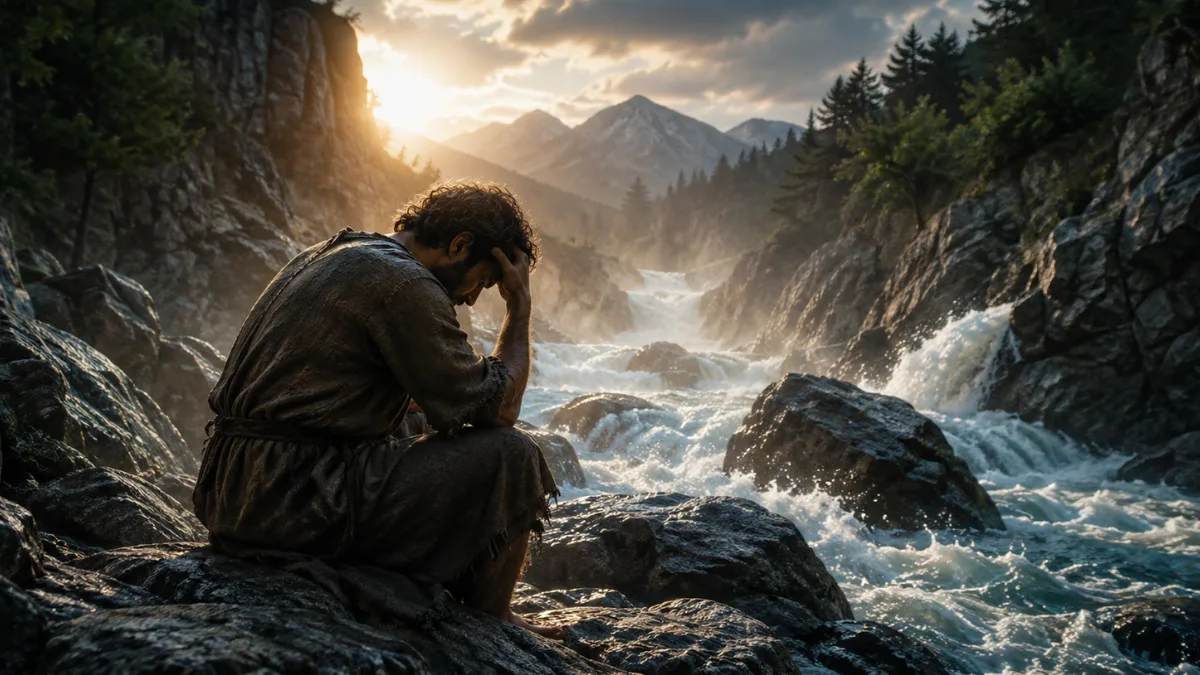 Man sitting beside rushing mountain waters illustrating the meaning of “deep calls to deep” in Psalm 42:7