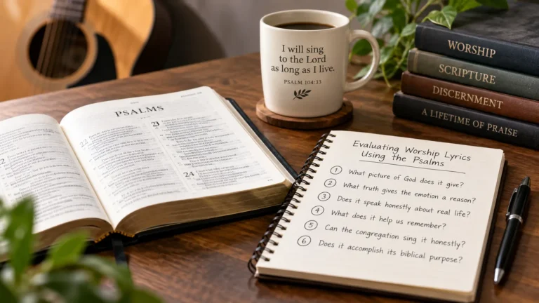 Open Bible, notebook, and guitar used to evaluate worship song lyrics with questions from the Psalms