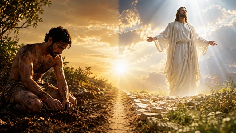 Adam formed from the earth contrasted with the risen Christ in radiant light, illustrating the first and last Adam in 1 Corinthians 15:45.