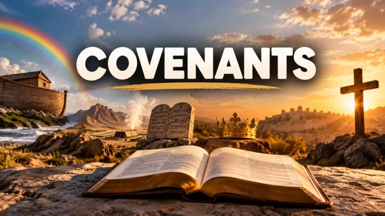 Open Bible surrounded by symbols of the five major biblical covenants, including Noah’s ark, a rainbow, stone tablets, a royal crown, and a cross.