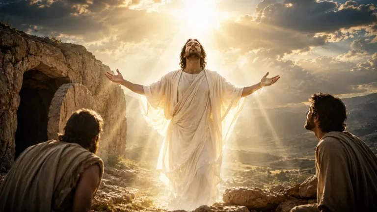 Risen Christ in radiant light near an open tomb, representing the transformation from mortality to immortality in 1 Corinthians 15:50–54.