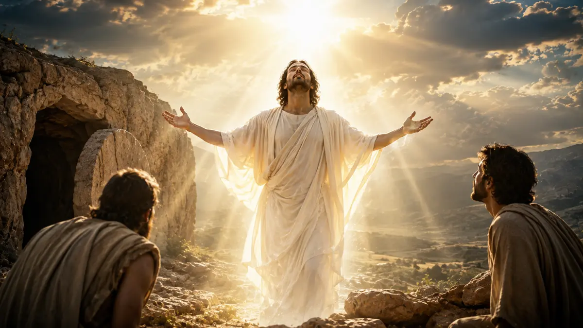 Risen Christ in radiant light near an open tomb, representing the transformation from mortality to immortality in 1 Corinthians 15:50–54.