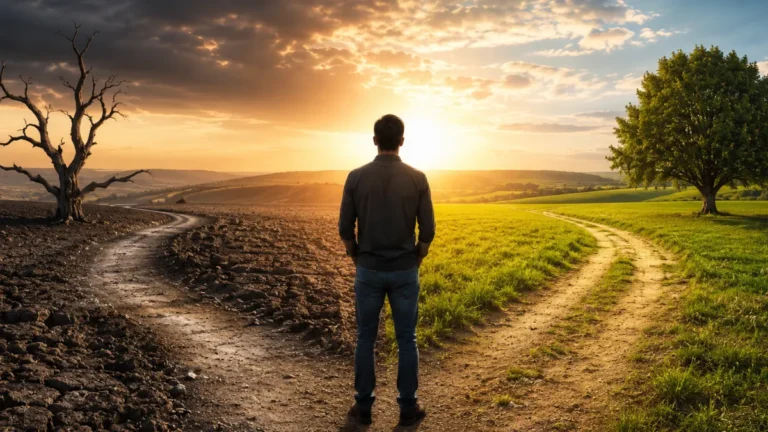 Man standing between barren and fruitful paths, illustrating Galatians 6:7 and Paul’s warning that a person reaps what he sows.