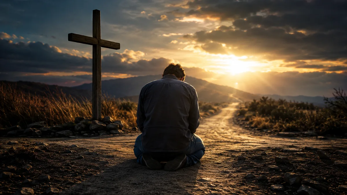 A man kneeling beside a wooden cross on a rugged path at sunset, symbolizing repentance, falling away, and restoration in Hebrews 6:4–6.