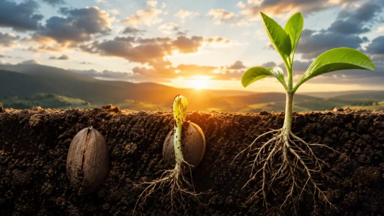 Seed sprouting into a healthy plant at sunrise, illustrating Paul’s explanation of resurrection in 1 Corinthians 15:35–38.