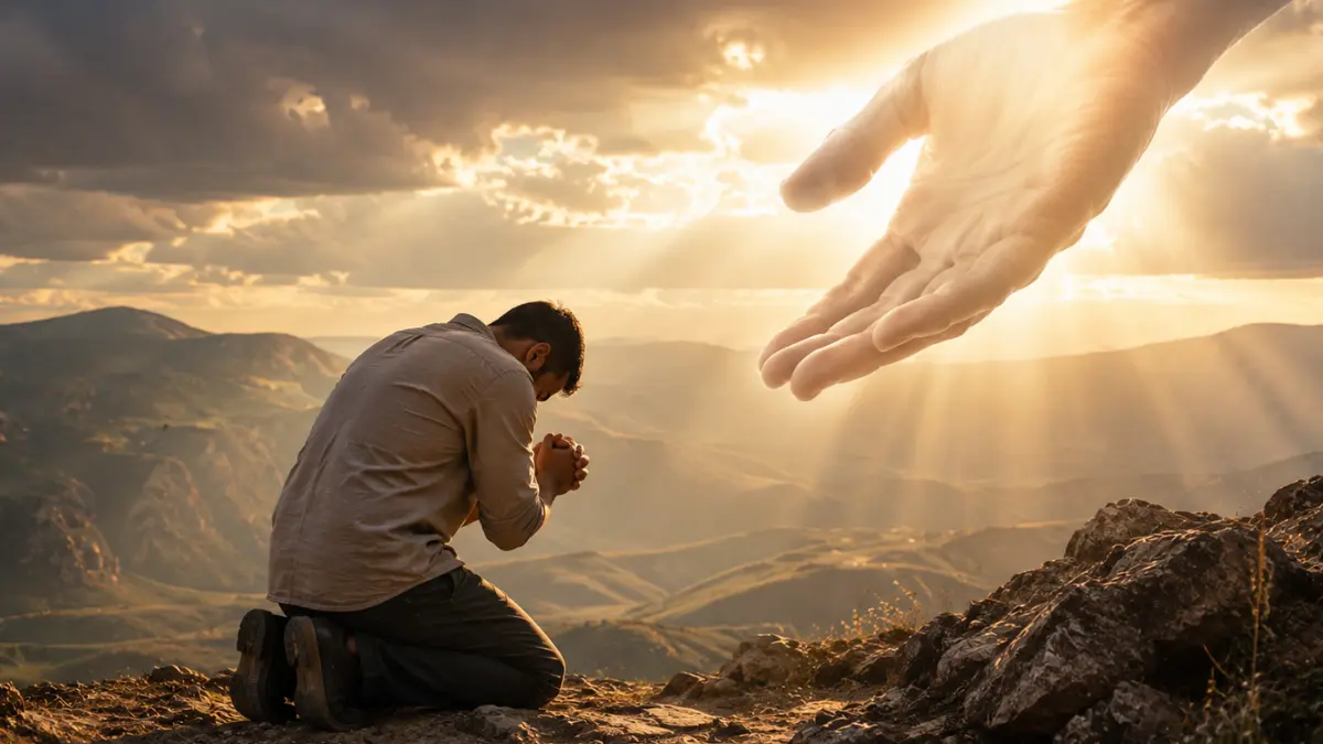Man kneeling in prayer beneath a symbolic mighty hand in the sky, representing humility under God’s authority in 1 Peter 5:6.