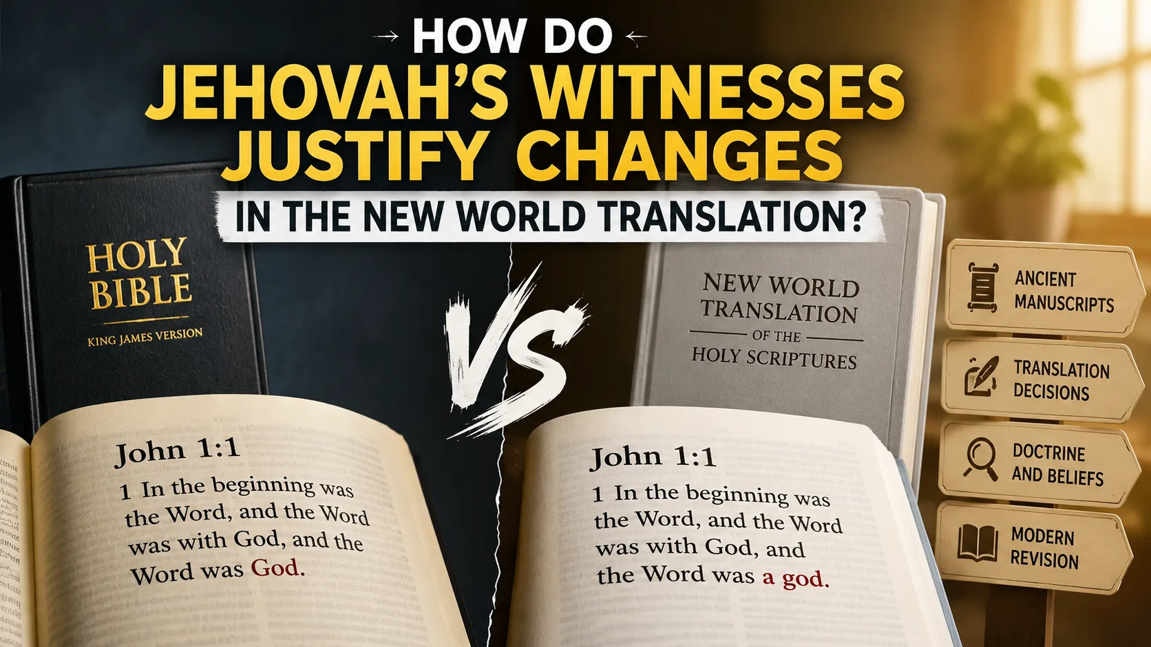 Jehovah’s Witnesses New World Translation compared with a traditional Bible, highlighting John 1:1 and key translation differences