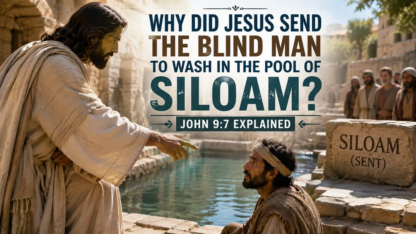Jesus with the man born blind beside the Pool of Siloam, illustrating John 9:7