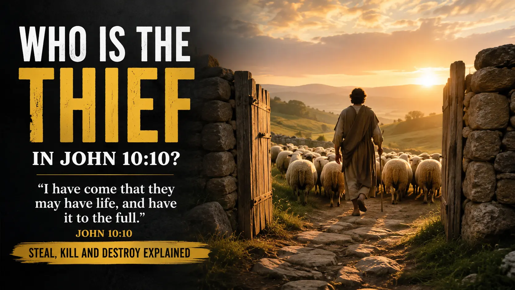 John 10:10 illustration of a shepherd leading sheep through a gate, representing Jesus as the true shepherd and the thief who steals, kills, and destroys.