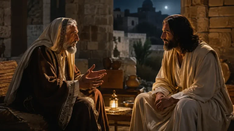 Nicodemus, a respected Pharisee and Jewish ruler, speaking with Jesus in a quiet ancient Jerusalem setting at night.