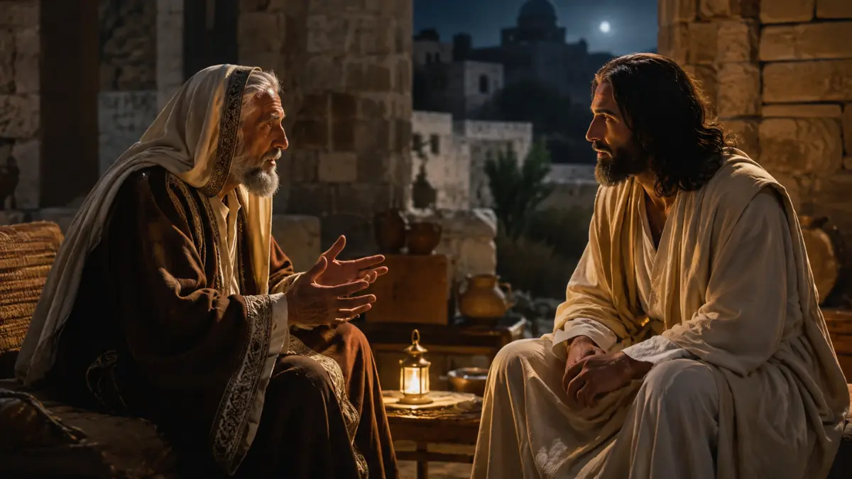 Nicodemus, a respected Pharisee and Jewish ruler, speaking with Jesus in a quiet ancient Jerusalem setting at night.