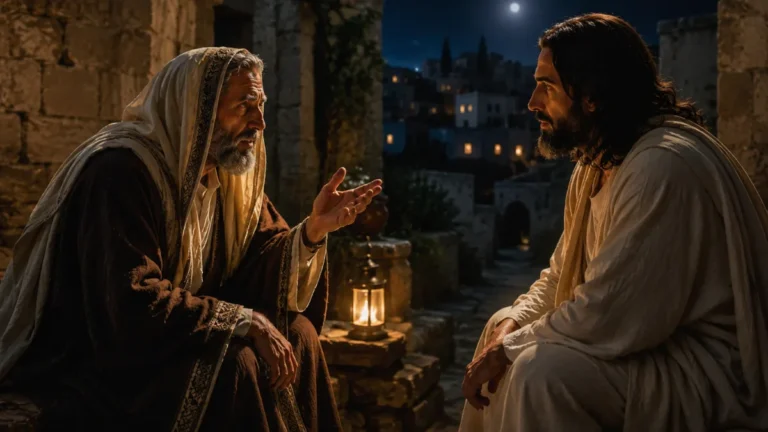 Nicodemus speaking with Jesus at night, reflecting John 3:2 where he calls Jesus Rabbi and a teacher come from God.