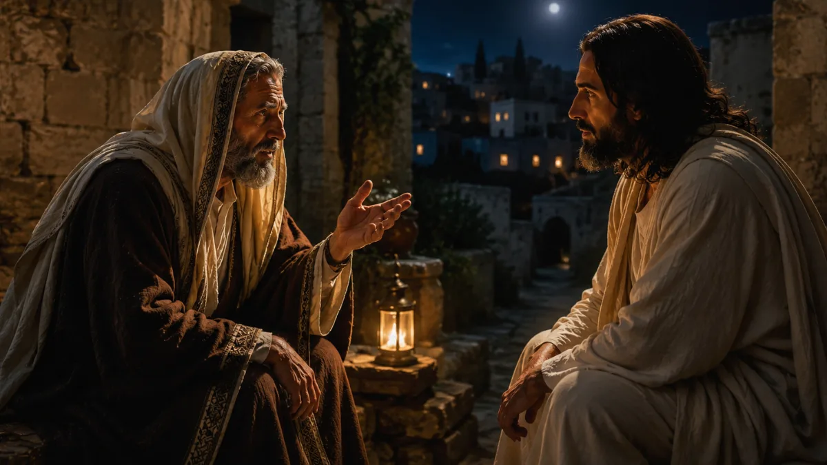 Nicodemus speaking with Jesus at night, reflecting John 3:2 where he calls Jesus Rabbi and a teacher come from God.