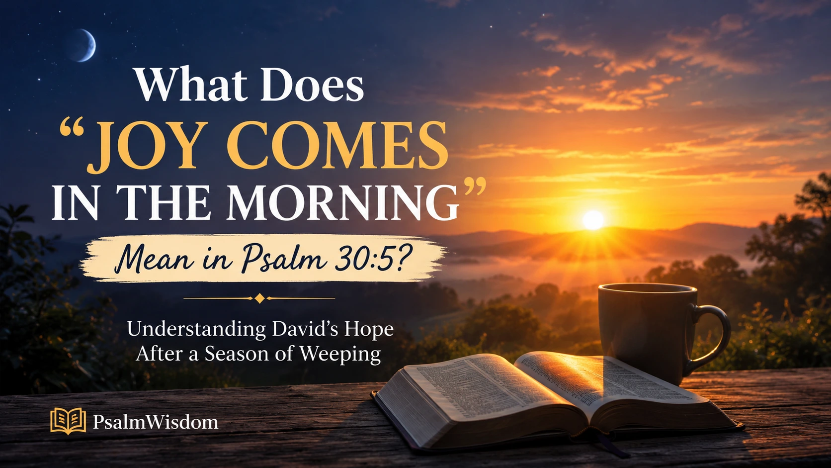 Sunrise over hills with an open Bible illustrating the meaning of joy comes in the morning in Psalm 30:5
