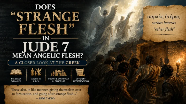 Jude 7 “strange flesh” illustrated with angels, Sodom’s visitors, and the Greek phrase sarkos heteras meaning “other flesh