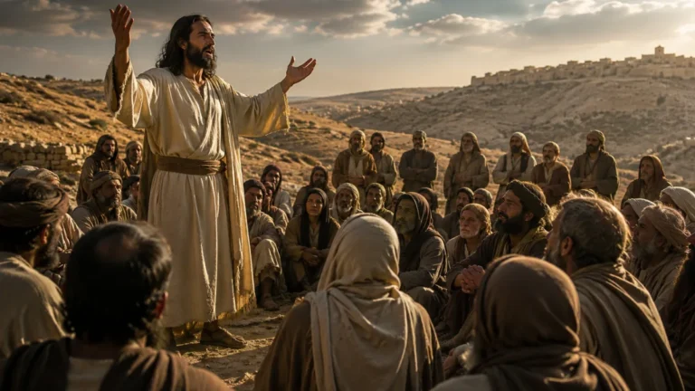 Jesus teaching a large crowd in a biblical landscape, illustrating Matthew 11:12 and the contested response surrounding the kingdom of heaven.
