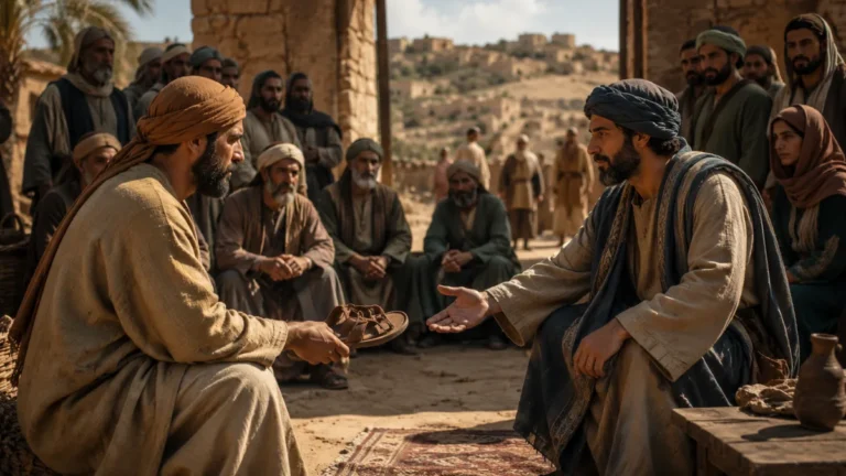 Boaz and the nearer redeemer completing the sandal transaction before elders at Bethlehem’s city gate in Ruth 4.