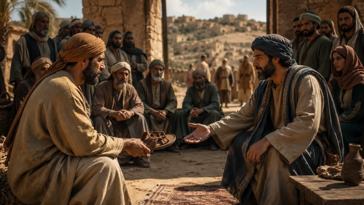 Boaz and the nearer redeemer completing the sandal transaction before elders at Bethlehem’s city gate in Ruth 4.