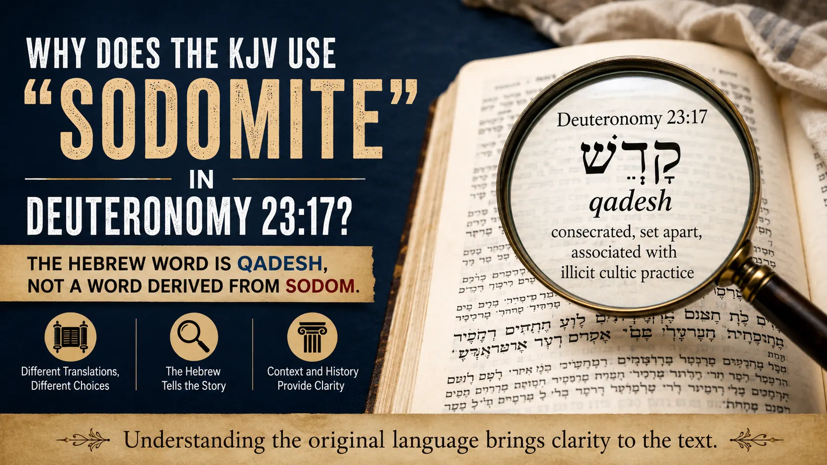 KJV Deuteronomy 23:17 showing the Hebrew word qadesh behind the translation “sodomite,” with a Bible and magnifying glass