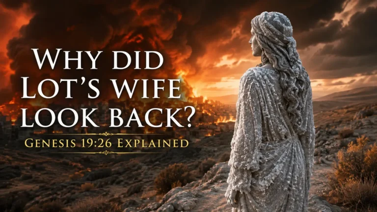 Lot’s wife looking back toward the burning city of Sodom while fleeing across a rocky desert landscape.
