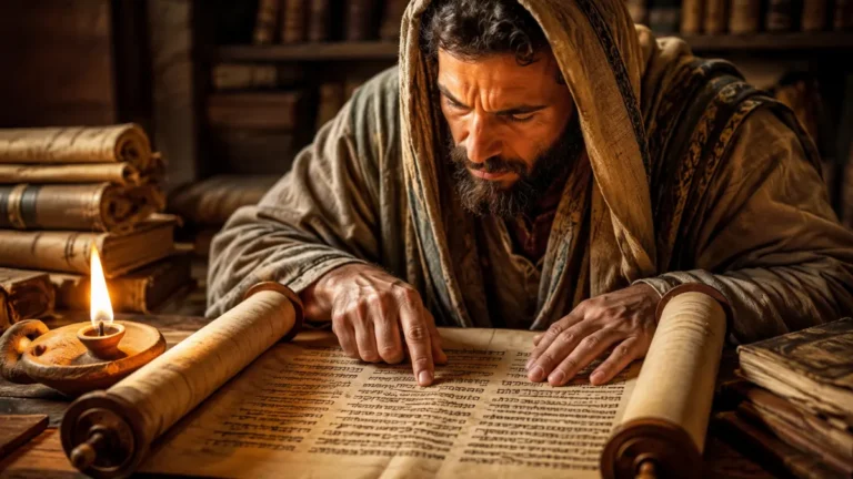 Ancient Hebrew scholar studying a scroll to understand the meaning of Maskil in the Psalms.