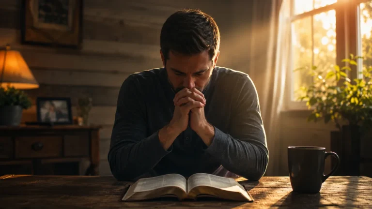 Man praying privately over an open Bible, illustrating Jesus’ teaching on sincere prayer in Matthew 6:5–8.