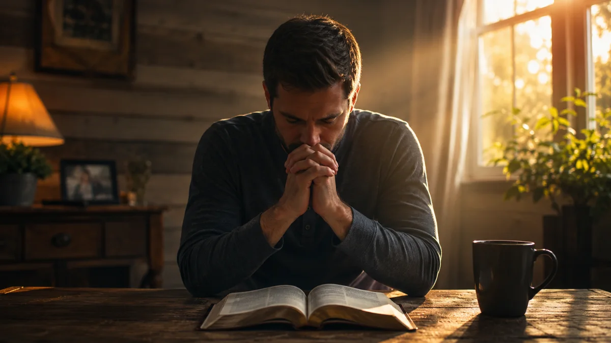 Man praying privately over an open Bible, illustrating Jesus’ teaching on sincere prayer in Matthew 6:5–8.