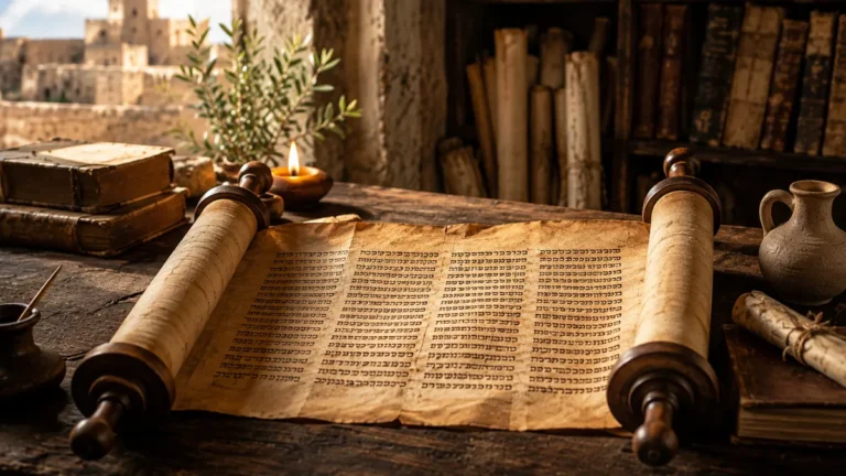 Ancient Hebrew scroll in a study representing the mysterious meaning of Michtam in the Psalms.