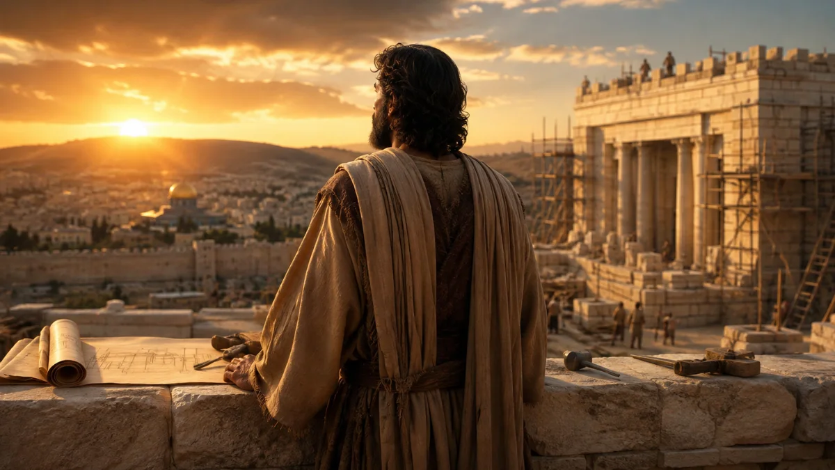 Zerubbabel overlooking the rebuilding of the Jerusalem temple at sunset, representing Zechariah 4:6 and “not by might nor by power, but by My Spirit.”