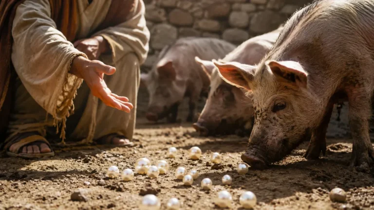 Pearls scattered before pigs as a robed figure gestures nearby, illustrating Jesus’ warning in Matthew 7:6 about casting pearls before swine.