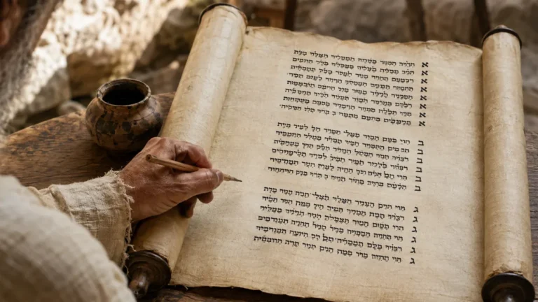 Ancient scribe working on a Hebrew scroll arranged in Aleph, Beth and Gimel sections to illustrate Psalm 119’s acrostic structure.