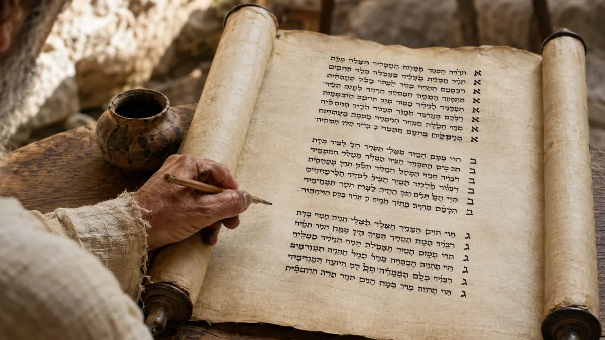 Ancient scribe working on a Hebrew scroll arranged in Aleph, Beth and Gimel sections to illustrate Psalm 119’s acrostic structure.