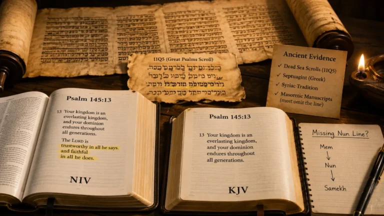 Open Bibles comparing Psalm 145:13 beside an ancient Hebrew scroll and notes about the missing nun line found in some manuscript traditions.