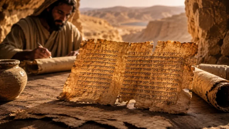 Ancient Hebrew manuscript fragments in a desert cave setting representing Psalm 151 and its Dead Sea Scrolls history.