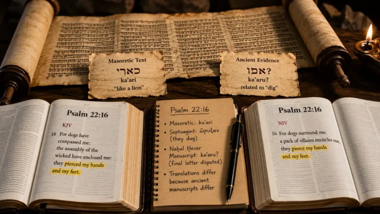 Open Bibles comparing Psalm 22:16 beside ancient Hebrew manuscript evidence showing the disputed “pierced” and “like a lion” readings.