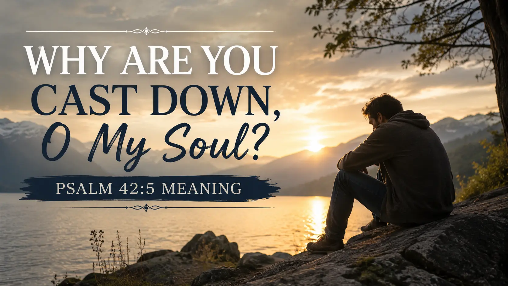 Why are you cast down, O my soul Psalm 42:5 meaning with a solitary man reflecting beside mountain water