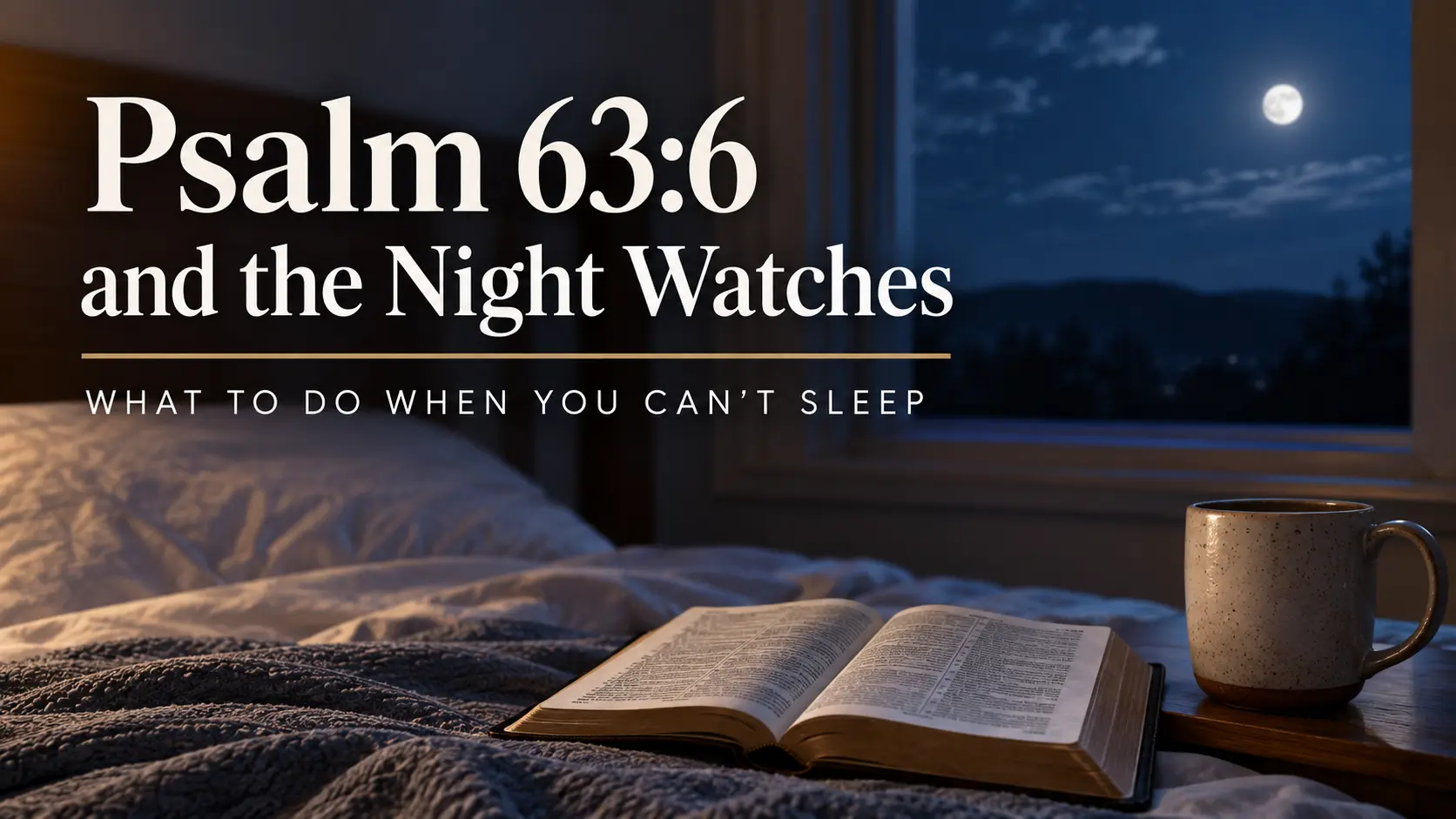 Open Bible on a bed at night with moonlight, illustrating Psalm 63 and prayer during a sleepless night