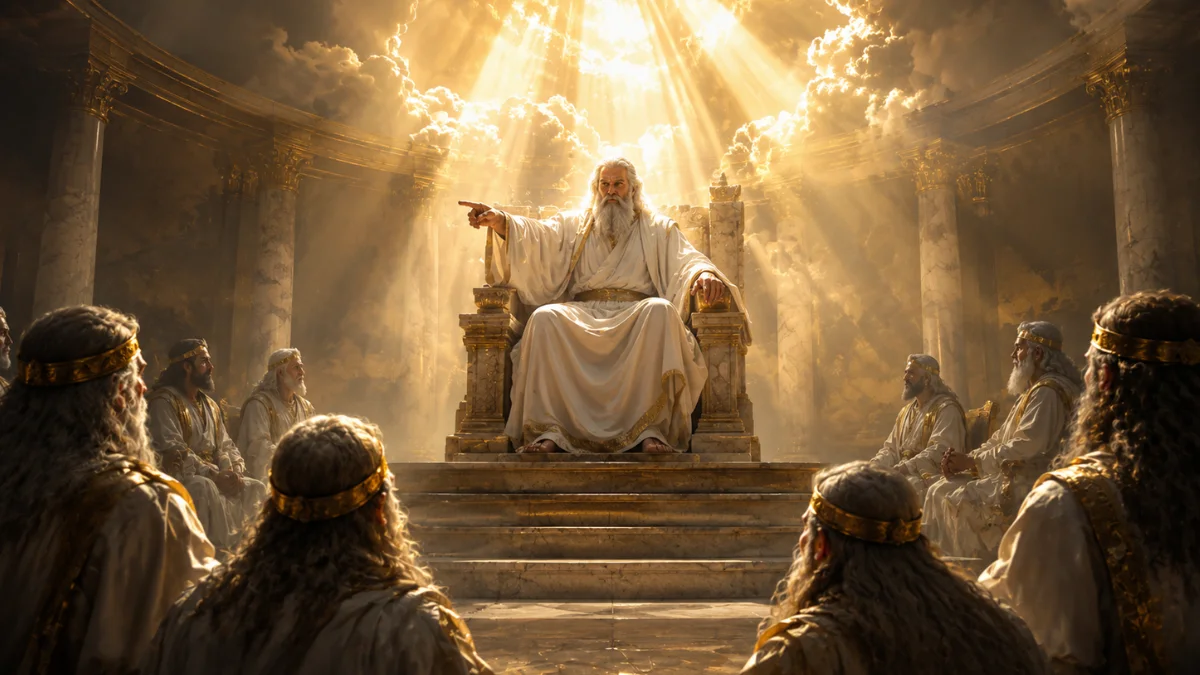 Heavenly courtroom scene with God presiding over a council of subordinate beings, representing the “gods” and divine assembly described in Psalm 82:1.