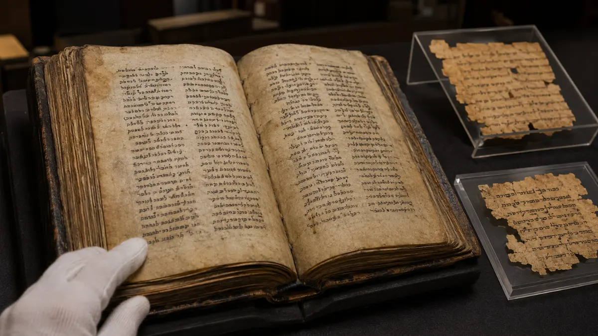 Open Syriac manuscript beside Hebrew Dead Sea Scroll fragments representing the history of Psalms 152–155.