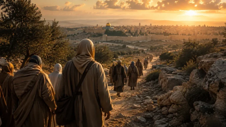 Ancient pilgrims traveling uphill toward Jerusalem, representing the Songs of Ascents in Psalms 120–134.