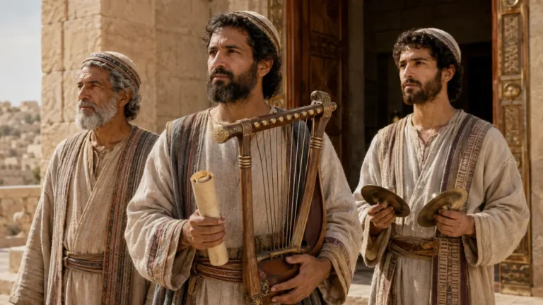 Three generations of Korahite Levites serving as musicians and gatekeepers at an ancient Israelite sanctuary.