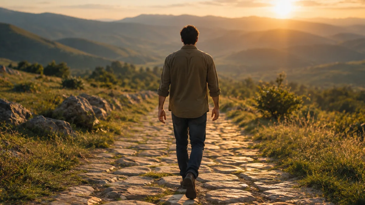 Man walking along a firm mountain path at sunrise, illustrating Psalm 37:23 and the steps of a good man ordered by the Lord
