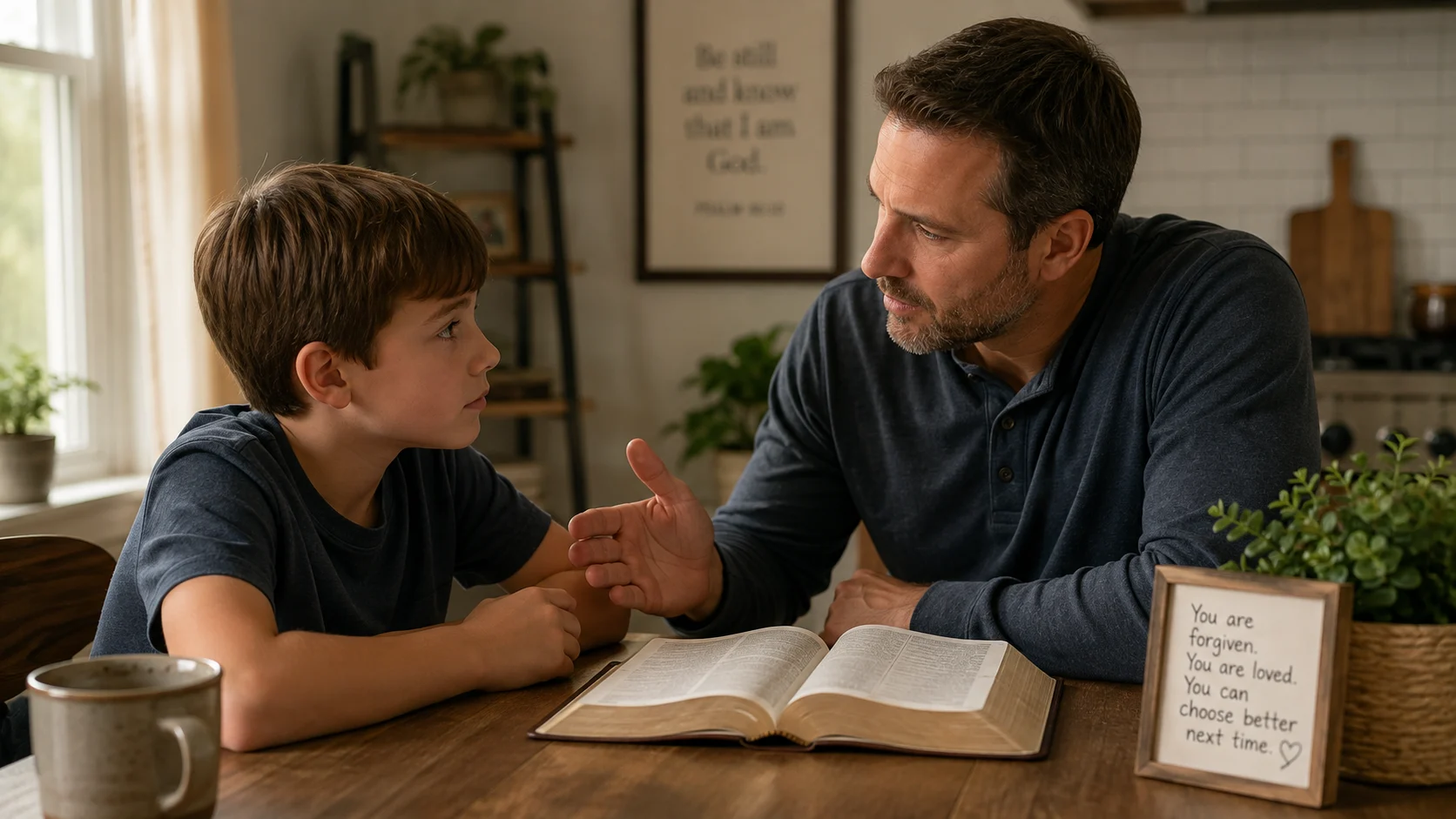 Father teaching his child about repentance and forgiveness using Psalm 32
