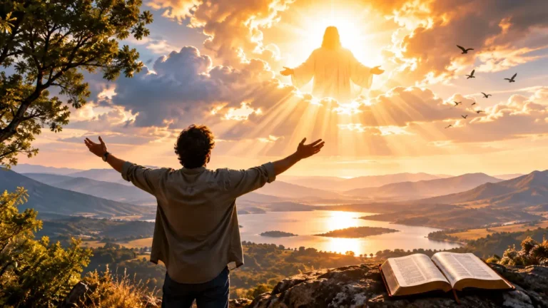 Man worshipping before radiant heavenly light above a peaceful landscape with an open Bible nearby.
