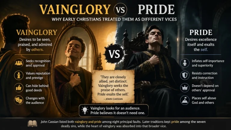 Vainglory vs pride in early Christian teaching, showing vainglory as seeking praise and recognition while pride exalts the self.