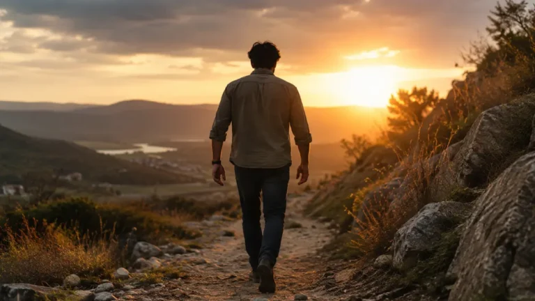 Man walking alone on a quiet mountain path at sunset, symbolizing the meaning of walking humbly with God in Micah 6:8.