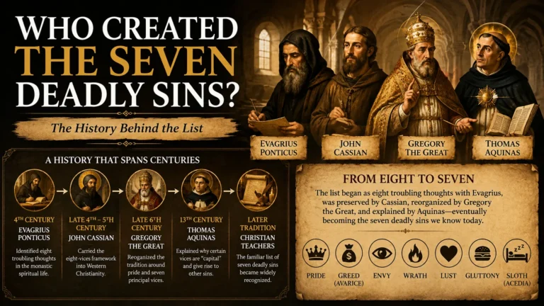 Who created the seven deadly sins, showing Evagrius Ponticus, John Cassian, Gregory the Great, and Thomas Aquinas in the history of the list.